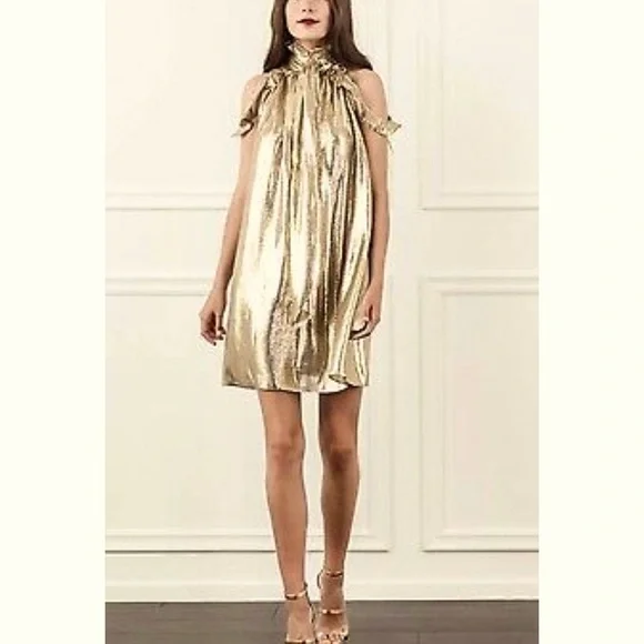 green emerald velvet dress Off The Shoulder Full Sleeve Dress in Gold Silk Lam 8